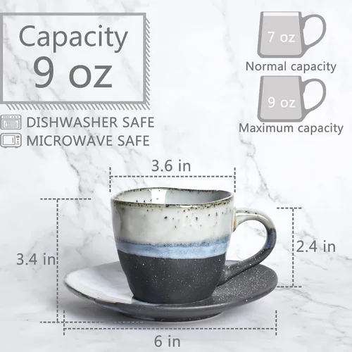 Vista 2 de Bosmarlin Juego de 2 tazas de café de gres con platillo para café con leche, capuchino, té, onzas, lavavajillas y microondas (negro, 2)
