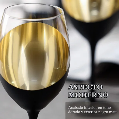 Vista 4 de MyGift Juego de 4 Copas de Vino, Copas de Vino Tinto de 14oz, Cristalería Moderna Negro Mate y Dorado, Elegantes Copas de Bar para Bodas, Fiestas