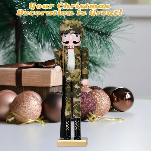 Vista 3 de Soldados Americanos Cascanueces Decoraciones Navideñas - Figuras de Madera Hechas a Mano de 15 Pulgadas con Camuflaje Temática Navideña para Mesa