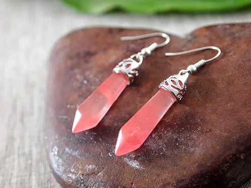Vista 5 de Aretes de cuarzo rosa, piedra rosa natural, plata, gota y colgante, cristal real colgante, joyería hecha a mano, hipoalergénica, piedra de amor