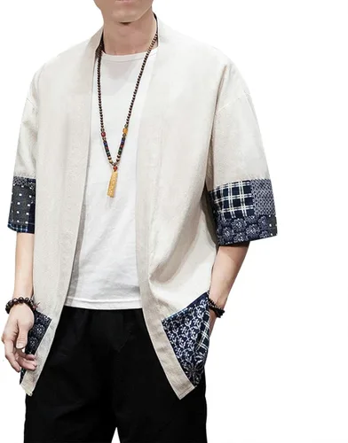Vista 3 de PRIJOUHE Men's Kimono Jackets Cardigan Lightweight Casual Cotton Blends Linen Seven Sleeves Open Front Coat Outwear