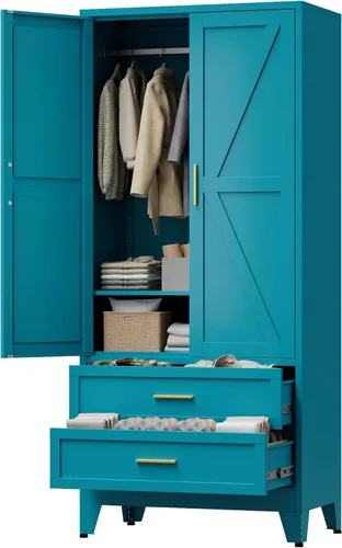 Vista 12 de LCAOPC Armario de metal de 71 pulgadas de alto con cajón y barra para colgar, armario de 2 puertas con estante para dormitorio, oficina, lavandería
