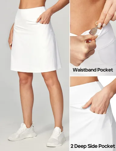 Vista 4 de Ewedoos Falda pantalón hasta la rodilla para mujer con 3 bolsillos, cintura alta, 20 pulgadas, falda de golf para mujer, falda de tenis atlética