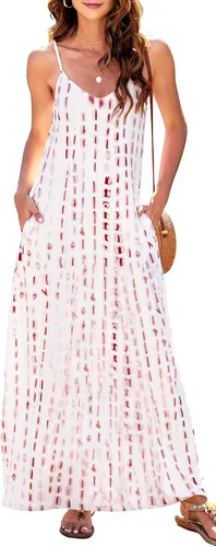 Vista 2 de Supnier - Vestido largo de verano para mujer, vestido flora, informal y bohemio con cuello en V, sin mangas, con tirantes delgados y bolsillos