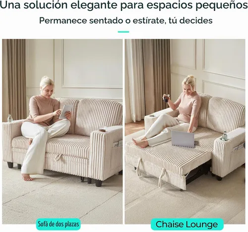 Vista 5 de LINSY HOME Sofá cama seccional, sofá cama extraíble de pana para sala de estar (beige, sofá pequeño) Puertos USB, portavasos, bolsillo lateral