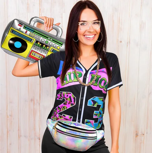 Vista 6 de Traje de los años 8090 para mujer, kit de disfraz de hip hop, accesorios de rapero de los años 90, camiseta de béisbol, riñonera, pantalón de yoga