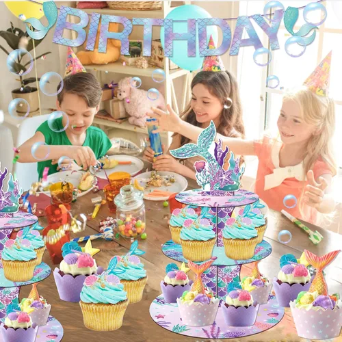 Vista 5 de Soporte para cupcakes de sirena, 3 niveles con 12 adornos Bajo el tema del mar, decoraciones de fiesta de cumpleaños para niñas, suministros