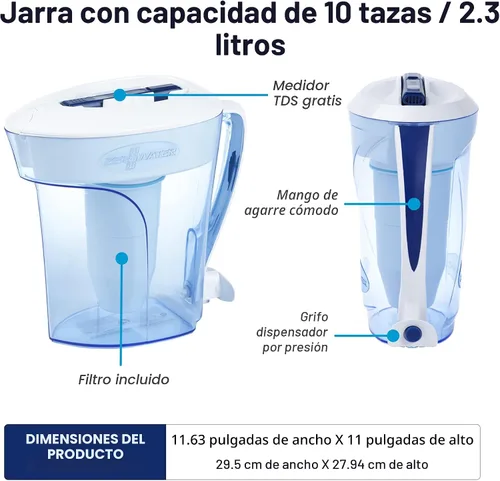 Vista 3 de ZeroWater Jarra de filtro de agua de 5 etapas lista para verter de 10 tazas 0 TDS para un mejor sabor al agua del grifo, certificado IAPMO
