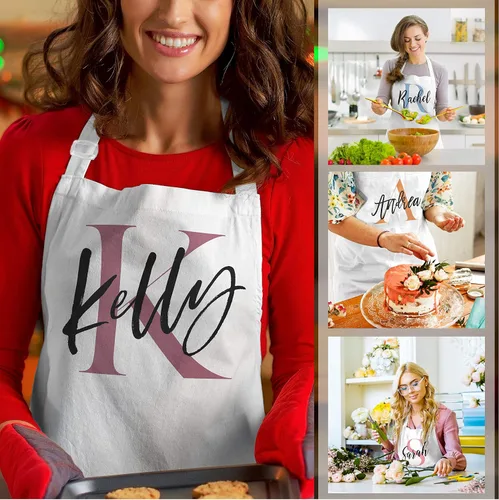 Vista 2 de Delantal con nombre inicial personalizado, regalos de cocina para mujeres y hombres, diseño inicial personalizado, para cocinar, barbacoa, parrilla