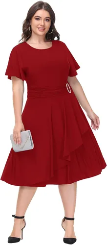 Vista 5 de Hanna Nikole Women Plus Size Empire Waist Cocktail-Party-Dress, Flowy Ruffle Cascade Wedding Guest Dress with Rhinestone