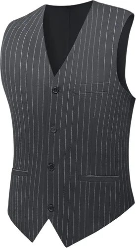 Vista 4 de MAGE MALE Traje de 3 piezas a rayas para hombre, ajuste delgado, elegante, de un solo botonadura, negocios, boda, fiesta, blazer y pantalones