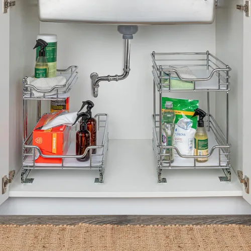Vista 2 de Household Essentials Glidez - Organizador multiusos de acero cromado con forro de plástico para uso debajo del gabinete, diseño de 2 niveles, se