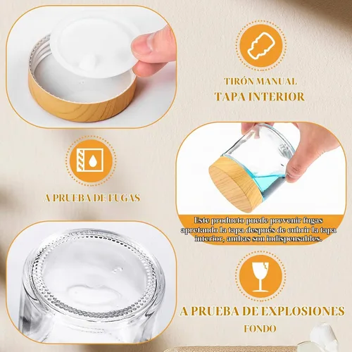 Vista 3 de Norme 120 tarros de vidrio de 4 onzas con tapas, recipientes de vidrio vacíos con tapas de grano de madera y revestimientos interiores