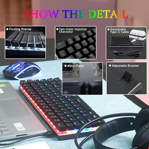 Vista 4 de LexonElec AK33 - Teclado mecánico RGB para juegos, 82 teclas, mini teclado compacto para computadora, 20 LED, retroiluminado, negro, teclado