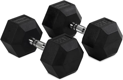 Vista 12 de Titan Fitness Pair Rubber Coated Hex Dumbbells, Roll-Resistant Hexagonal Free Weights, Chrome-Coated Handles with Knurling, Strength Training