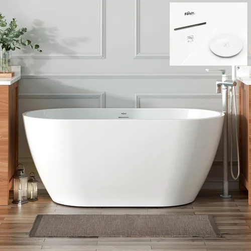 Vista 20 de FerdY Bañera independiente de acrílico Bali de 47 pulgadas, bañera independiente con forma elegante, certificado cUPC, drenaje dorado cepillado