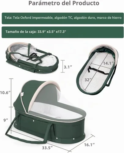 Vista 7 de Cuna de viaje para bebé portátil con dosel 2 en 1 para recién nacido - verde