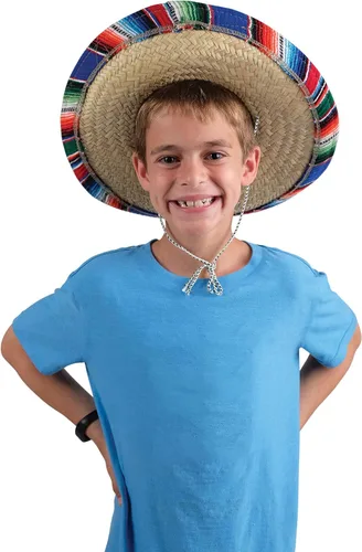 Vista 3 de GiftExpress Sombrero de niño con ribete de serape, sombrero de paja para Cinco de Mayo, disfraz mexicano de Serape