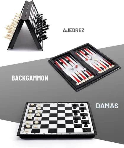Vista 2 de KAILE Juego de ajedrez magnético de 10" - Juego de viaje 3 en 1 de ajedrez, damas y backgammon con estuche plegable - Bolsa elástica portátil