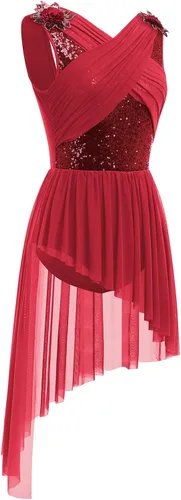 Vista 2 de AFAVOM Disfraz de baile lírico para mujer, vestido de lentejuelas con flores, falda asimétrica de tul fluida, disfraces de danza contemporánea