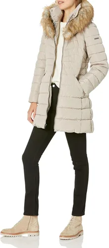 Vista 16 de Laundry by Shelli Segal Chaqueta acolchada elástica para mujer, abrigo largo de invierno con capucha de piel sintética