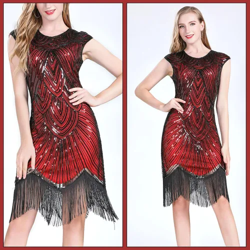 Vista 2 de PLULON Vestidos de los años 20 para mujer, vestidos de cóctel Gatsby con flecos de lentejuelas con juego de accesorios de los años 20, disfraces