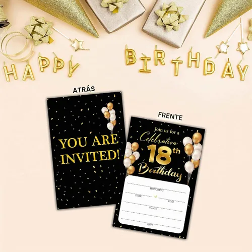 Vista 5 de Tarjetas de invitación de cumpleaños número 18 con sobres, tarjetas de invitación de fiesta de cumpleaños en blanco, para hombres, mujeres, jóvenes