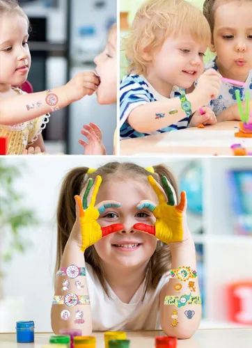 Vista 3 de Reloj de dibujos animados temporales tatuajes para niños, 10 hojas para niños, impermeables, tatuajes temporales con purpurina, seguridad