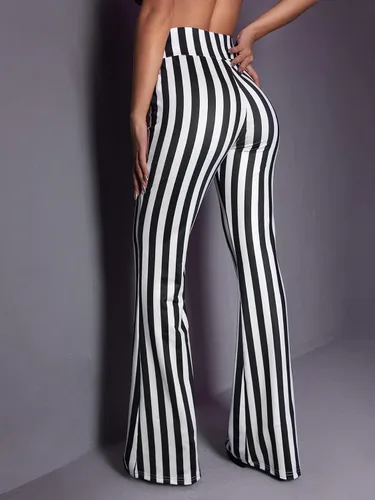 Vista 2 de WDIRARA Pantalones largos de pierna acampanada con estampado floral y cintura alta para mujer