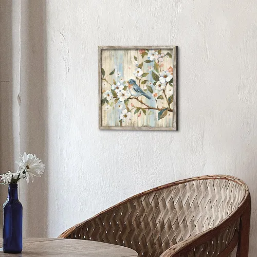 Vista 5 de Decoración de pared floral de pájaro: obra de arte botánica enmarcada imagen de animal en la rama de árbol impresión de madera para baño (12 x 12)