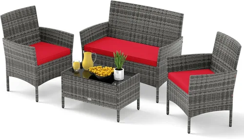 Vista 16 de RELAX4LIFE Juego de muebles de patio de 4 piezas – Juego de muebles de ratán para conversación al aire libre con cojines, mesa de centro de cristal