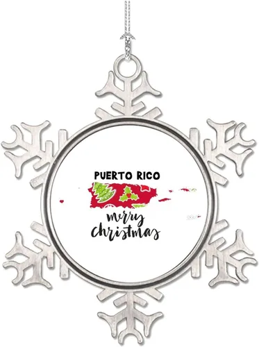 Vista 2 de Adorno de metal con texto en inglés «Merry Christmas» de Puerto Rico, recuerdo de recuerdo para árbol de Navidad, colgante de copo de nieve