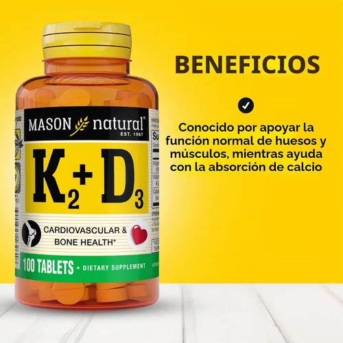 Vista 2 de MASON NATURAL Vitamina K2 100 mcg Plus Vitamina D3 - Apoya la salud ósea, cardiovascular y muscular, 100 tabletas 100mcg K2 with 25mcg (1000 IU)