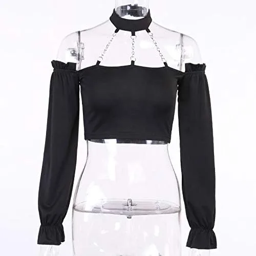 Vista 5 de Dark Punk Crop Top con Cadenas Mujer Punk Off Hombro Hueco Sólido Sin Espalda Tops