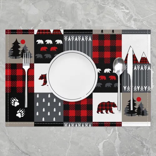Vista 2 de Lodge - Juego de 4 manteles individuales de cabaña de 12 x 18 pulgadas, diseño de oso salvaje, selva, animales de la selva, para niños