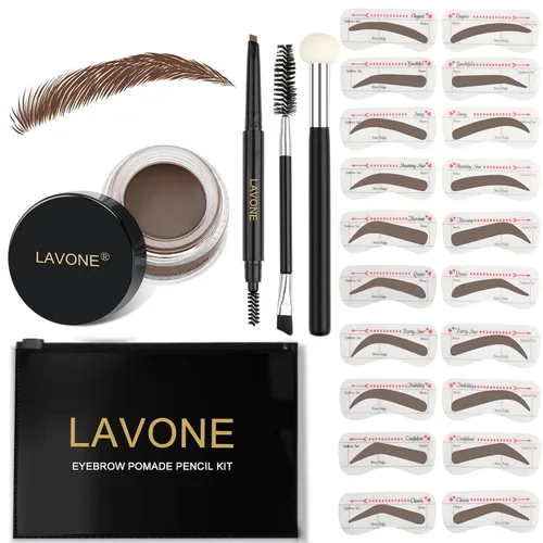 Vista 18 de LAVONE Kit de plantillas para cejas, trío de sellos para cejas con lápiz impermeable, pomada, 20 plantillas, cepillo de doble punta y aplicador