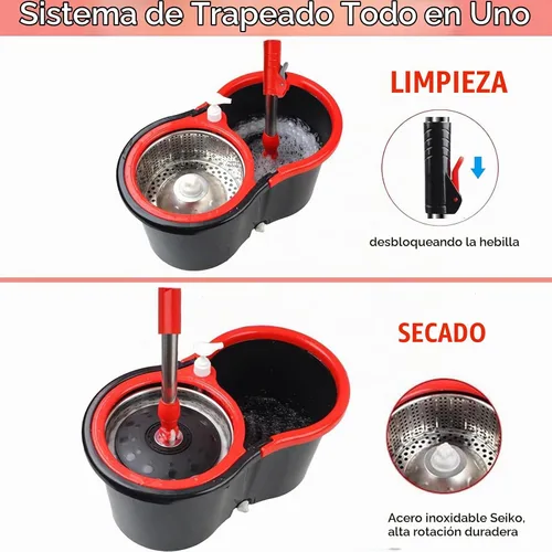 Vista 3 de Trapeador giratorio y cubo con juego de escurridor, sistema de cubo giratorio de 360° con 3 cabezales de repuesto de mopa de microfibra, mango