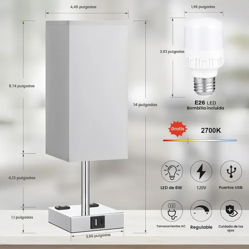 Vista 6 de Lámpara de mesa de noche táctil, con pantalla, puertos de carga USB C+A y salidas de CA duales, para dormitorio, sala de estar, oficina