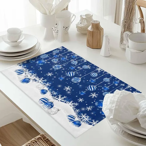 Vista 5 de Juego de 6 manteles individuales de mesa de Navidad, manteles individuales de algodón y lino antideslizantes lavables, bolas de Navidad, copos
