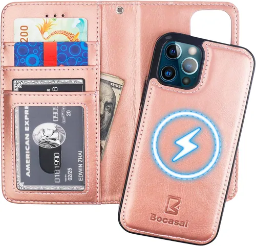 Vista 7 de Bocasal Funda tipo cartera compatible con iPhone 12 e iPhone 12 Pro con soporte para tarjetas de cuero PU magnética desmontable con soporte plegable