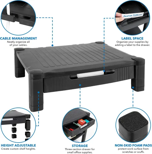 Vista 6 de Mount-It! Elevador de monitor con cajón Soporte de monitor de altura ajustable con almacenamiento deslizante de tres filas Elevador