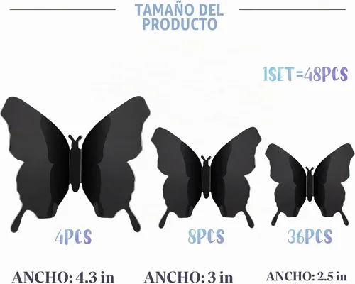 Vista 4 de 48 calcomanías 3D, espejadas, de mariposa, adhesivos para pared, para manualidades, decoración de pared para el hogar, 3 tamaños Negro