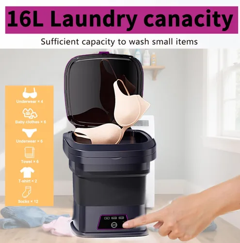 Vista 4 de Mini lavadora portátil de 16 litros, mini lavadora plegable con cesta secadora giratoria, 3 modos de lavado para cargas pequeñas