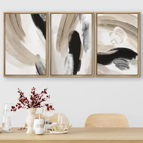 Vista 437 de SIGNFORD - Set de obras de arte en lienzo enmarcado para pared, ilustraciones abstractas de neblina del desierto en tonos neutros beige y marrón