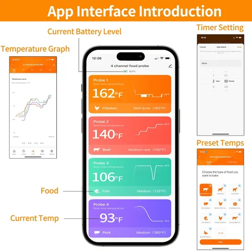 Vista 7 de Termómetro digital inalámbrico de lectura instantánea para alimentos y carne, con pantalla LCD y 4 sondas de acero inoxidable, termómetro