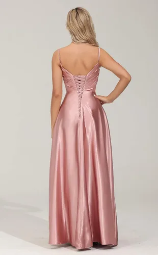 Vista 4 de HSFIYAKJ Vestidos largos de dama de honor, línea A, con cuello en V, tirantes delgados, abertura de satén, formal, vestidos de fiesta de noche