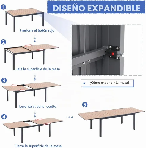 Vista 6 de Soleil Jardin Mesa de Comedor Extensible de Aluminio para Patio, 63" - 105", Mesa Rectangular Ajustable para Interiores y Exteriores con Superficie