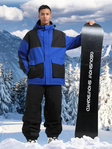 Vista 22 de GSOU SNOW Chaqueta de esquí para hombre, abrigo de nieve para snowboard, cálido, invierno, impermeable, con capucha