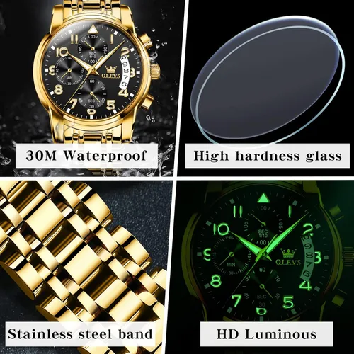 Vista 5 de OLEVS Reloj cronógrafo para hombre reloj de acero inoxidable plateado y dorado reloj de cuarzo multifunción con fecha relojes impermeables