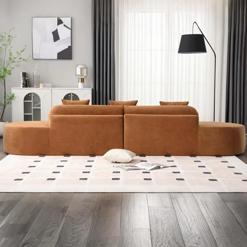 Vista 9 de Sofá modular curvado de 130.5 pulgadas para sala de estar, sofá de espuma sin hueso de 4 plazas con 3 almohadas, sofás de compresión para Marrón